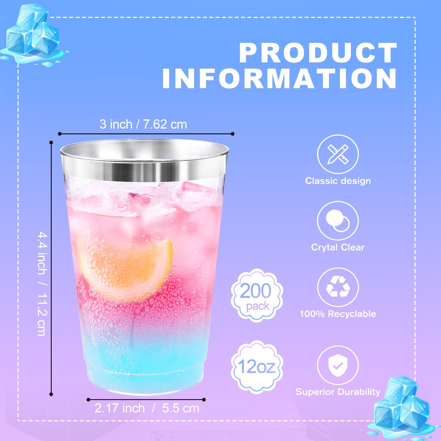 200pcs Silver Plastic Cups,12oz Clear Plastic Cups Tumblers,Silver Rimmed Cups,Elegant Party Cups,Premium Silver Disposable Cups,clear party cups,Plastic Wine Glasses,Plastic Cups for Party