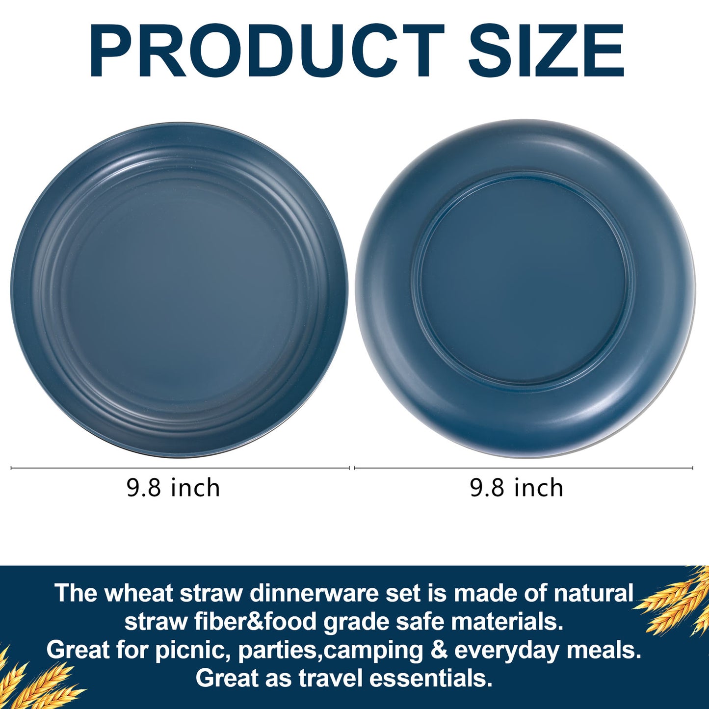 16pcs Dark Blue Wheat Straw Plates,Deep Dinner Plates Set,Premium Reusable Plastic Plates,Unbreakable Party Plates,Dishwasher & Microwave Safe for Camping, Picnic