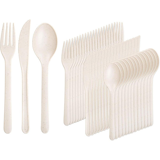 180pcs Plastic Silverware Heavy Duty,Reusable Plastic Silverware, Plastic Forks and Spoons,Beige Wheat Straw Silverware,Dishwasher Safe, Beige Color Suit for Party, Birthday, Wedding