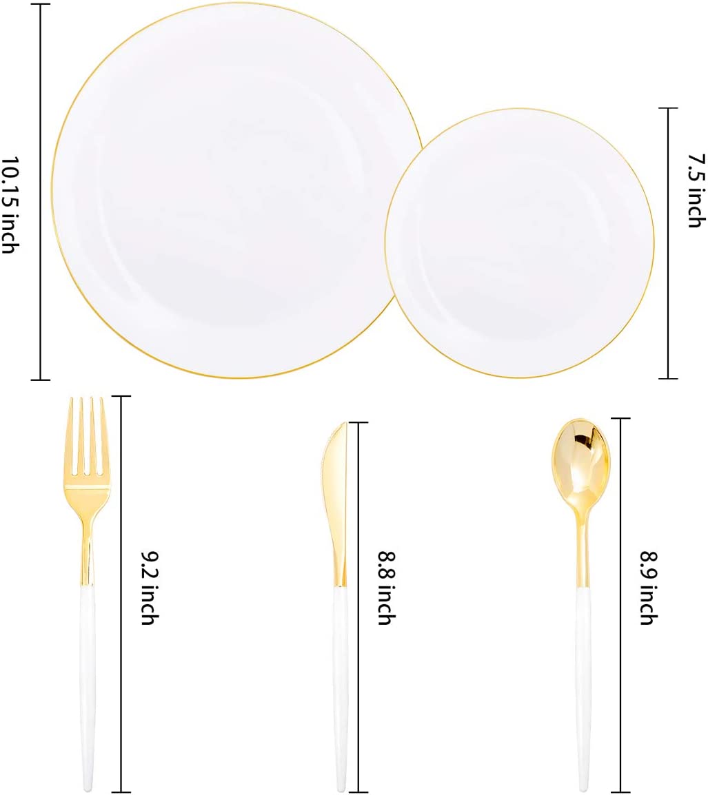 150pcs White and Gold Plastic Plates,Gold Plastic Silverware,Gold Plastic Dinnerware Set Includes 60 Gold Plates,30 Forks,30 Knives,30 Spoons For Weddings Celebrations and Parties