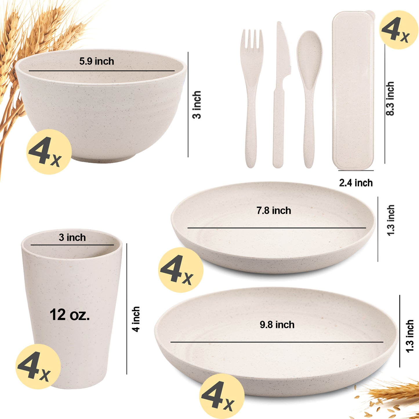 28pcs Wheat Straw Dinnerware Set for 4,Wheat Straw Plates and Bowls Set,Light Weight Dinnerware Reusable Dishwasher Microwave Safe,Deep Plastic Plates,Cereal Bowls,Cups and Utensils Sets