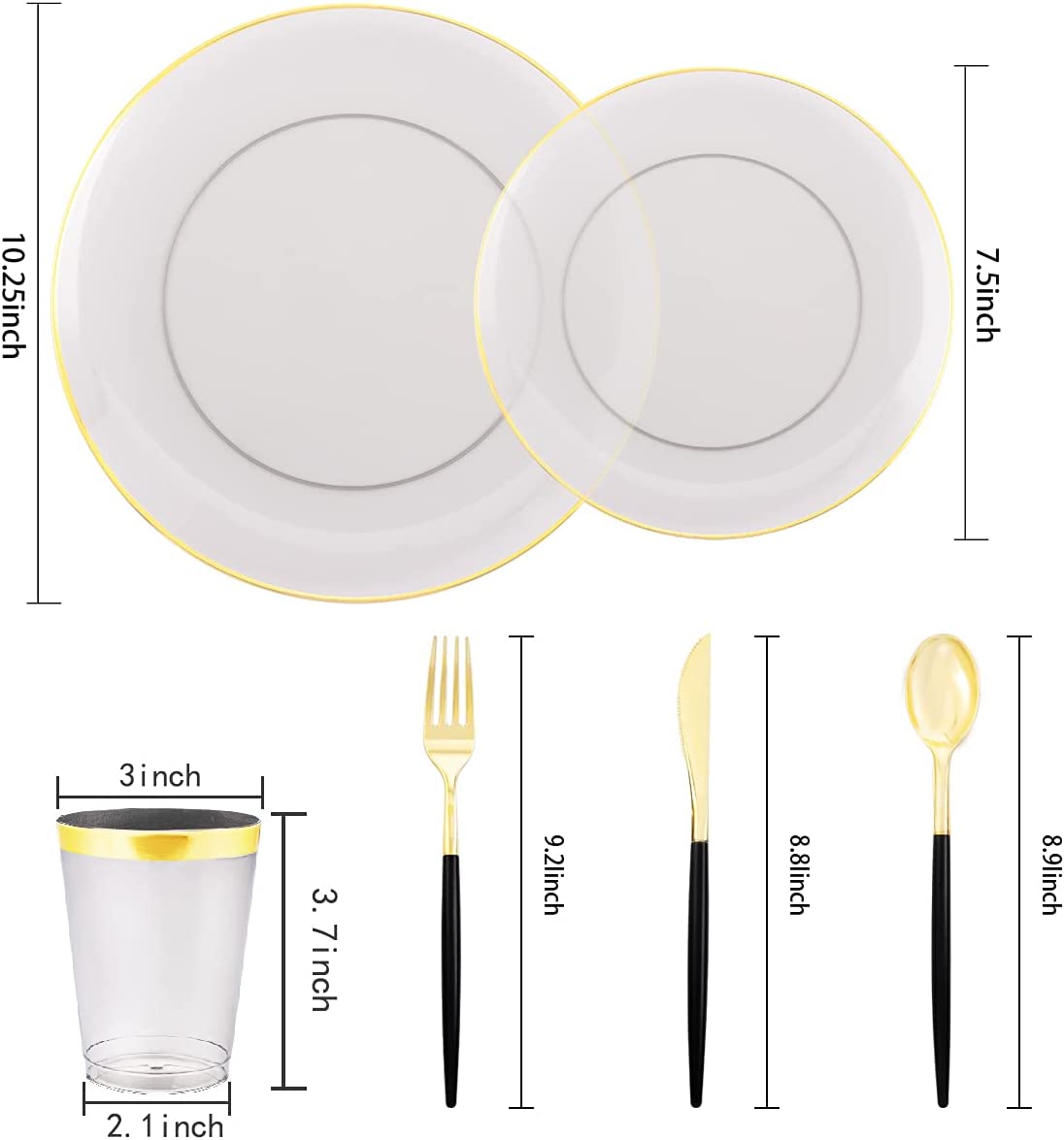 180pcs Black Plastic Dinnerware Set,Black Plastic Plates,Clear Plastic Plates with Gold Rim,Gold Plastic Silverware,Black Clear Gold Cups for Halloween
