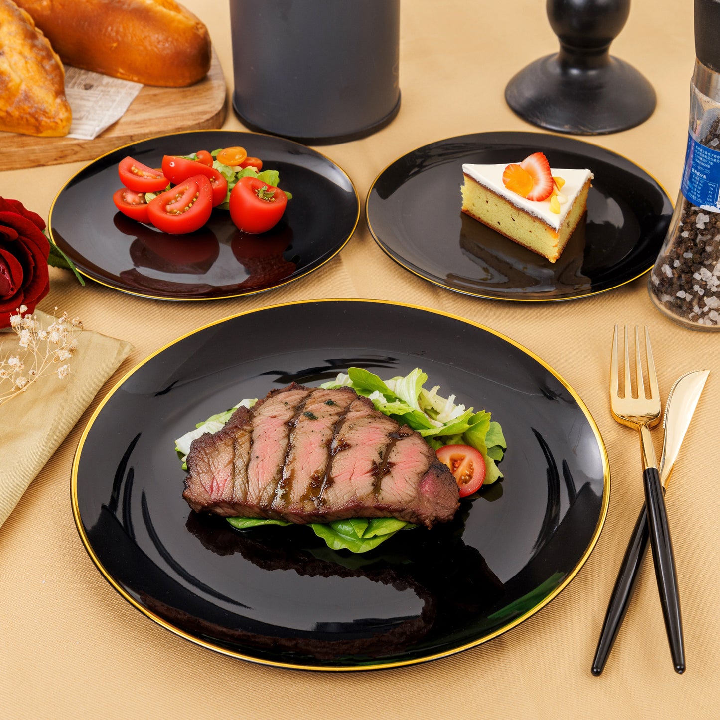 150pcs Black Plastic Plates, Black and Gold Plastic Plates,Gold Plastic Silverware,Black and Gold Dinnerware Set,Premiun Plastic Taleware,Perfect for Birthday,Party,Wedding,Anniversary