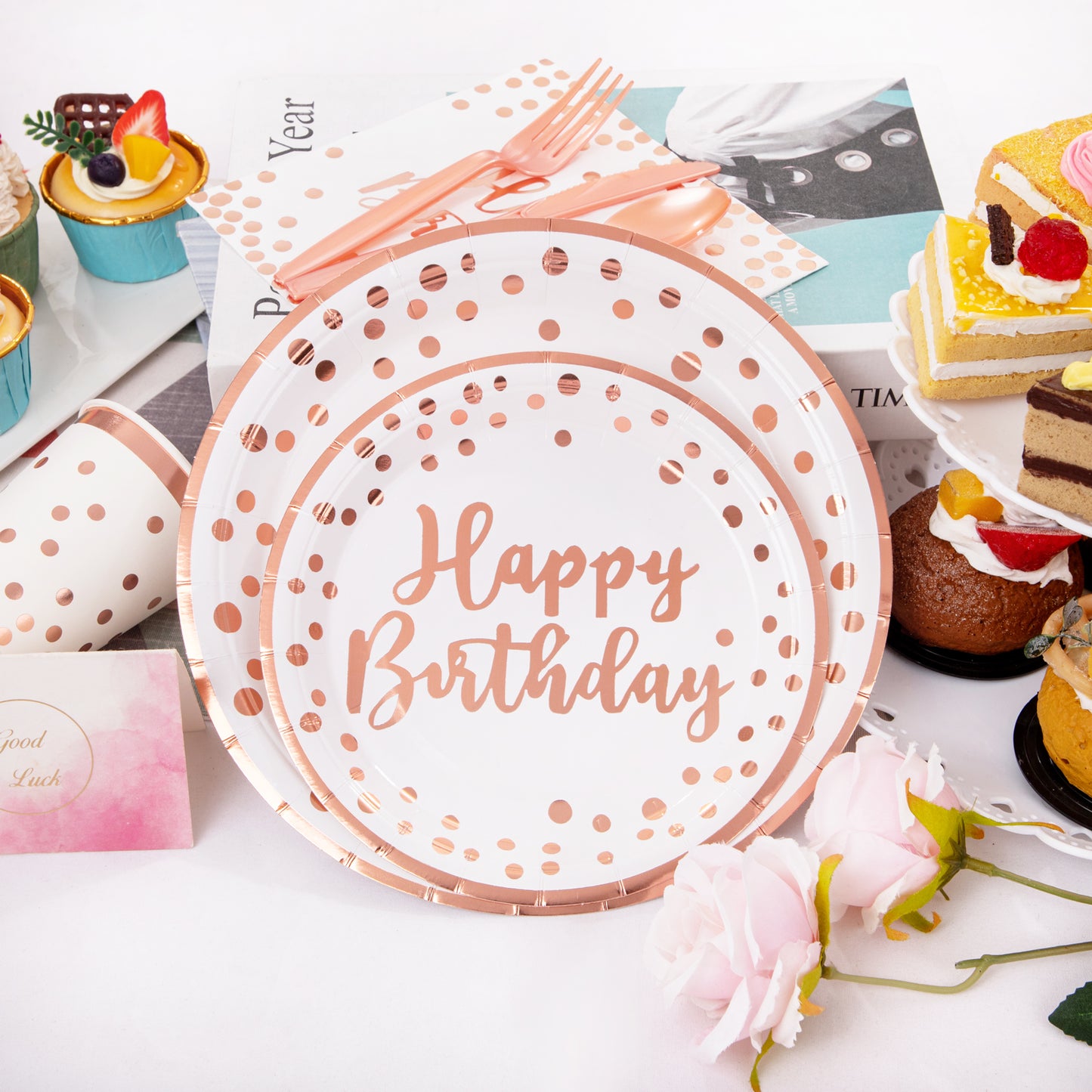 350pcs Rose Gold Plates and Napkins Party Supplies,Birthday Plates,Happy Birthday Paper Plates,Rose Gold Birthday Plates and Napkins,Cups,Forks,Knives,Spoon for Women Birthday Decorations