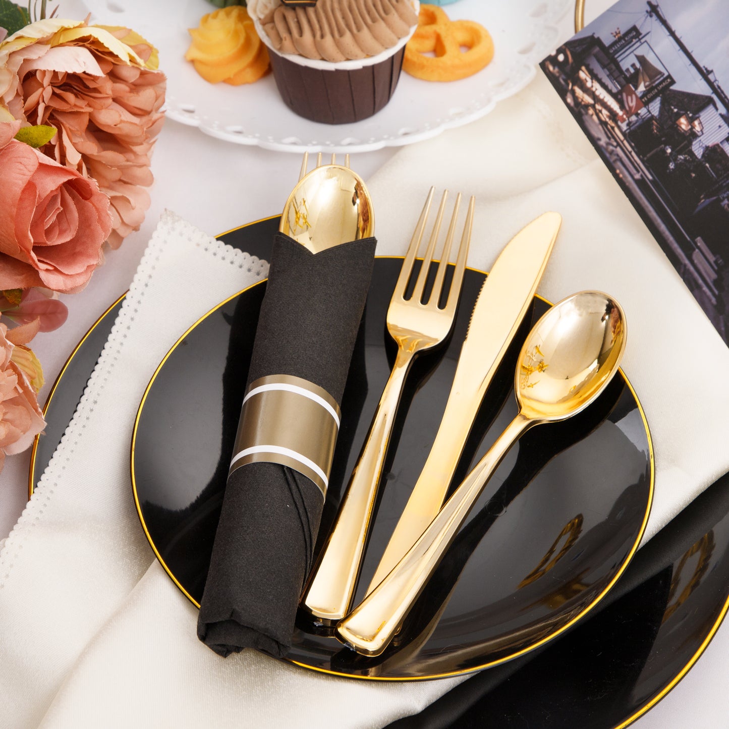 60 Pack Gold Plastic Silverware,Rolled Plastic Silverware,Pre Wrapped Gold Silverware with Black Napkins,Heavy Duty Plastic Cutlery,Plastic Forks and Spoons,Rolled Gold Plastic Cutlery