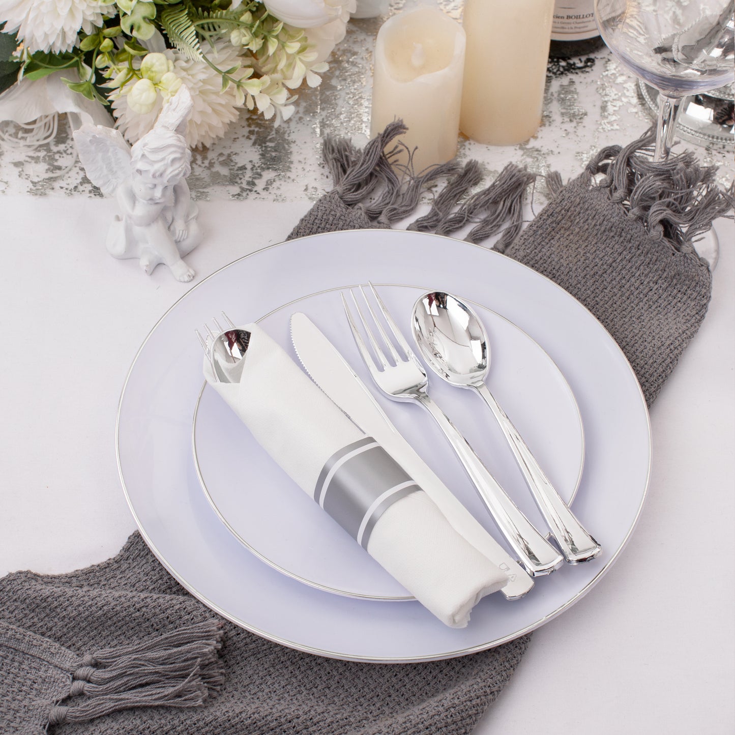 Silver Plastic Silverware,Rolled Plastic Silverware,Pre Rolled Napkins with Plastic Cutlery Set,Wrapped Plastic Cutlery Set with Napkin,Silverware Set Disposable Dinnerware Set 120 Guests