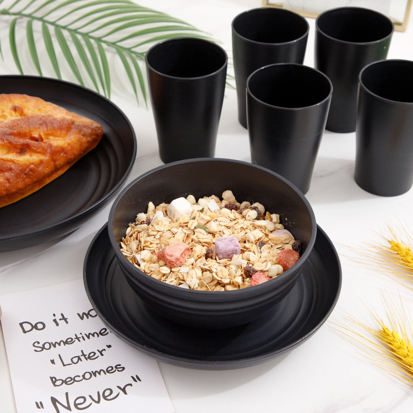 Wheat Straw Dinnerware Sets,Unbreakable Dinner Plates for 8,Microwave Dishwasher Safe,Reusable Dinnerware,Black Set 16pcs Plates, 8pcs Bowls, 8pcs Cups.
