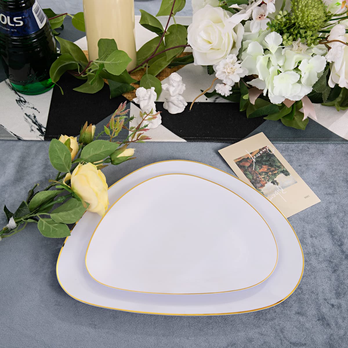 60pcs White Gold Plastic Plates,Gold Plastic Dinnerware Plates,Triangular Gold Plates,includes 30 Gold Plates and 30 Dessert Plates for Wedding and Parties