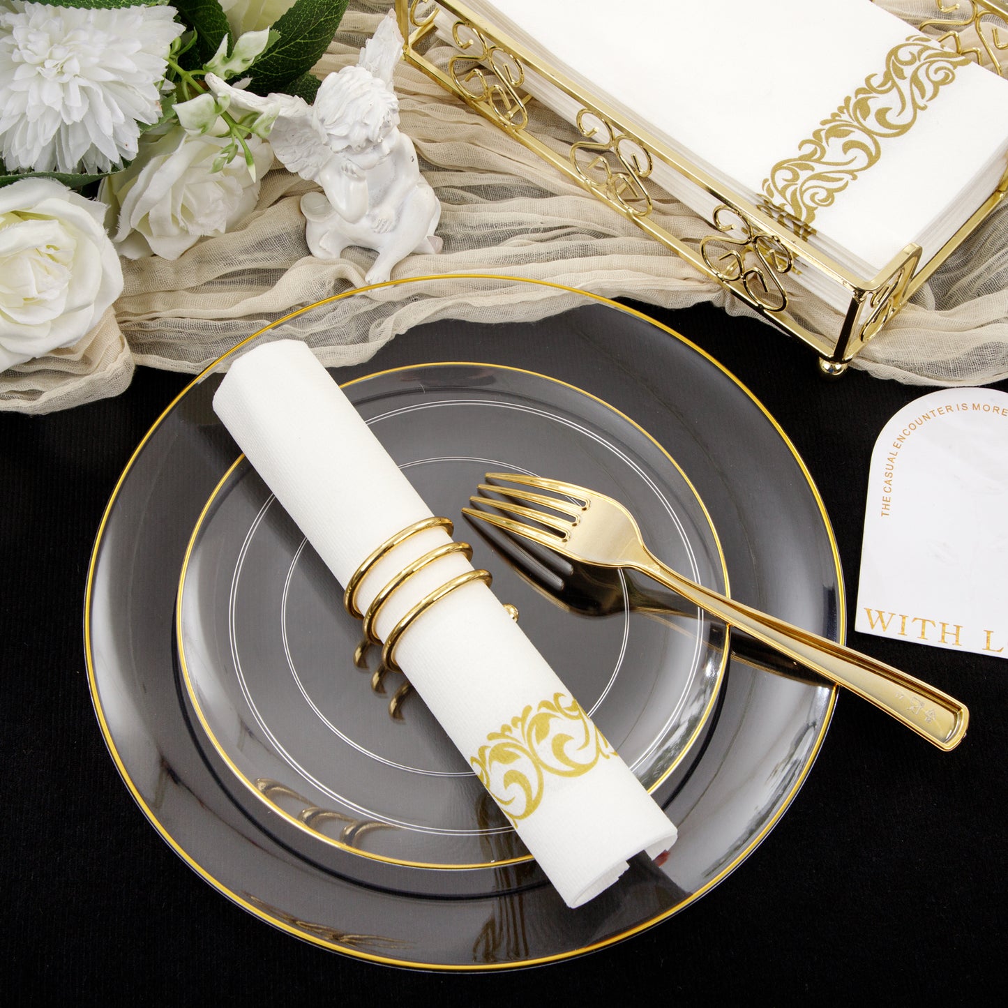 350PCS Clear and Gold Plastic Dinnerware Include Clear and Gold Plastic Plates Gold Plastic Silverware Heavy Duty,Gold Plastic Cups, Gold Napkins for Birthday Parties, Weddings