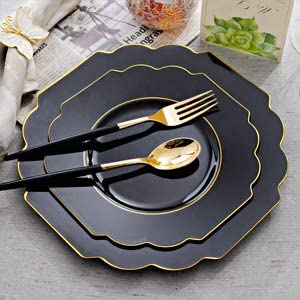 60pcs Black Plastic Plates,Black and Gold Plates Baroque,Gold Plates Plastic,Include 30 Plastic Dinner Plates,30 Appetizer Plates,Suit For Party, Birthday, Wedding, Easter and Monther's Day