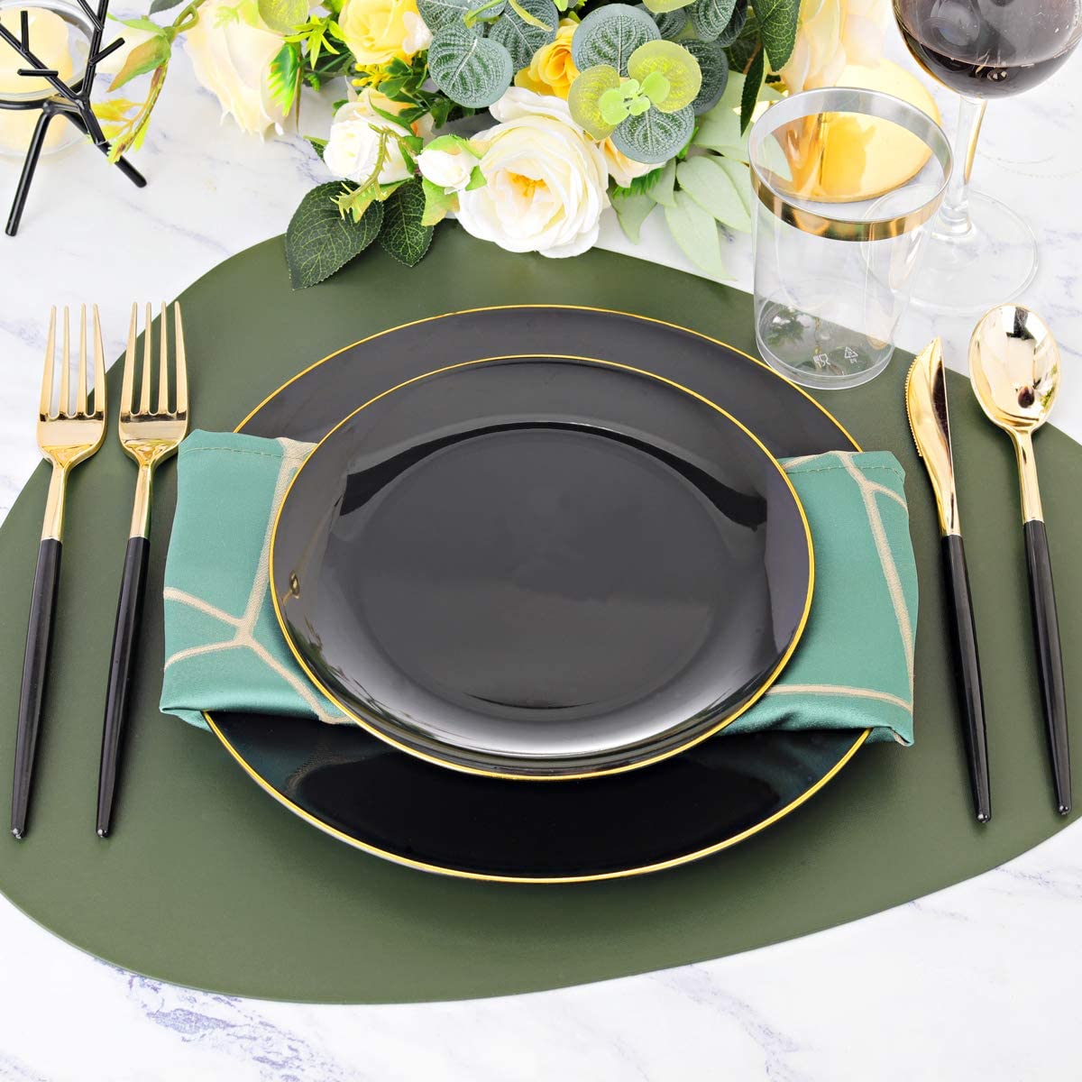 350pcs Black Plastic Dinnerware Set,Black Plastic Plates with Gold Rim,Black and Gold Plastic Plates,Gold Plastic Silverware,Wedding Party Plates,Plastic Cups with Gold Rim for Halloween
