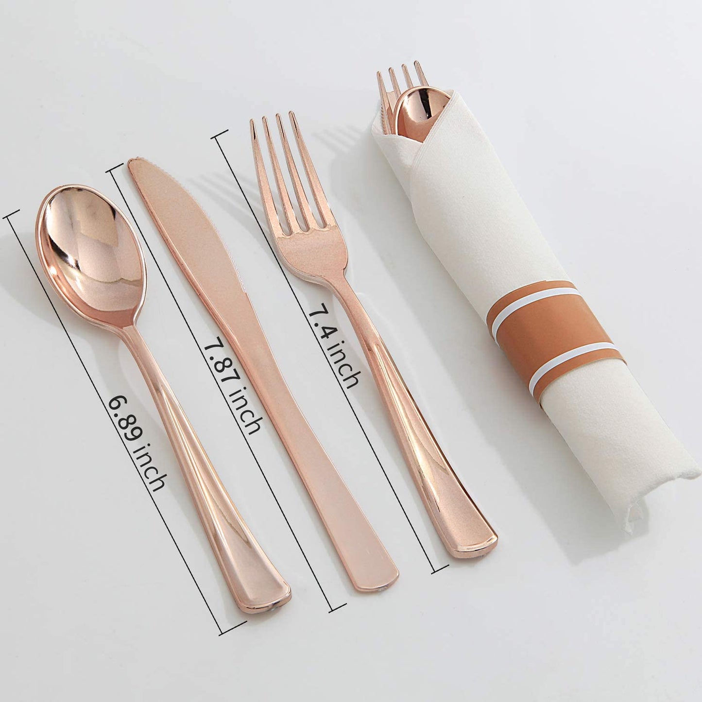 Set of 30packs,Rose Gold Plastic Silverware, Pre Rolled Napkin with Cutlery, Disposable Silverware with Rose Gold Linen Napkin, Wrapped Plastic Silverware Set Suit for Party,Wedding