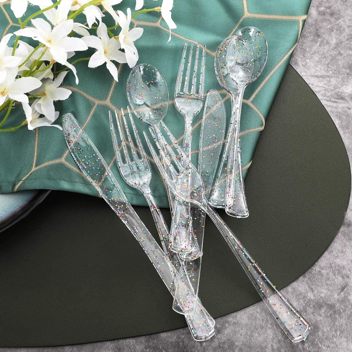 360pcs Clear Plastic Silverware, Glitter Disposable Cutlery with Colorful Design,120 Forks,120 Knives,120 Spoons,Perfect for Parties Birthday
