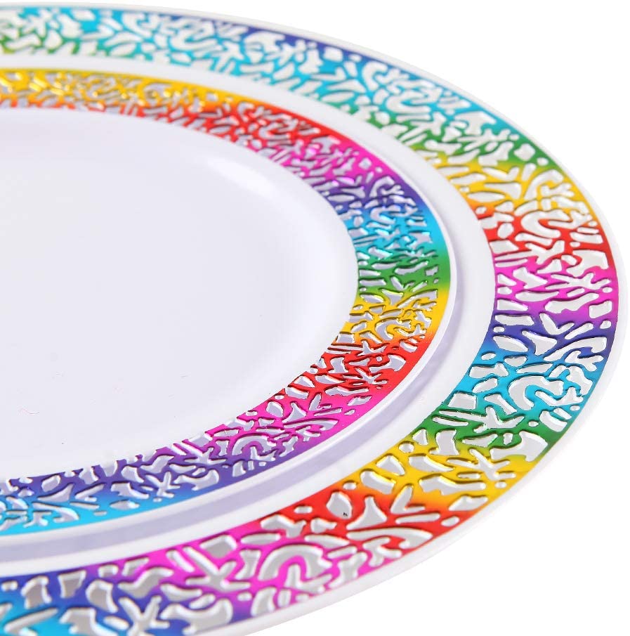 60pcs Gold Plastic Plates,Disposable Lace Plates,Rainbow Plastic Plates,Tie-dye Plates,Birthday Party Plates Include 30 Dinner Plates,30 Salad Plates,Perfect for Birthday,Party,Wedding