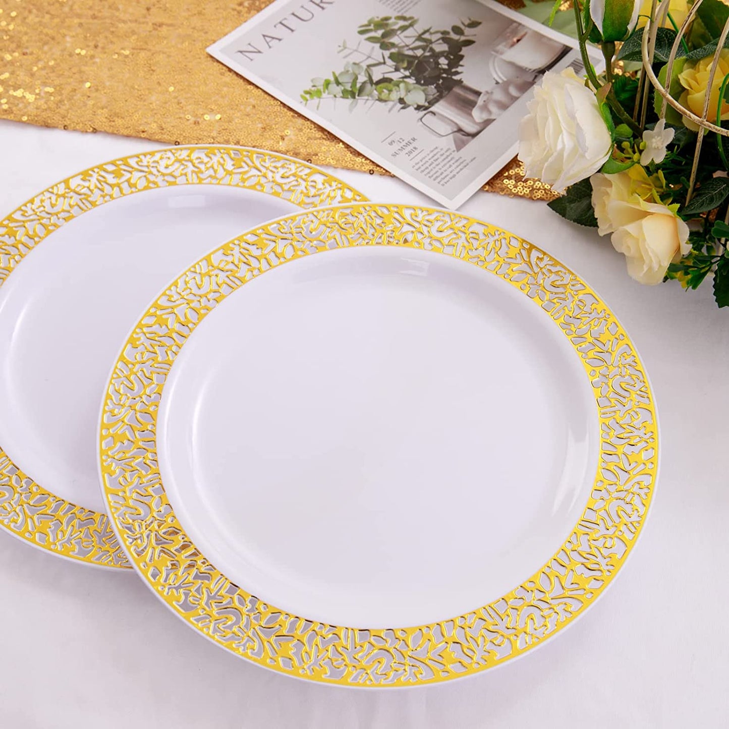 100pcs Gold Plastic Plates, 10.25" Plastic Dinner Plates, White Plastic Plates with Gold Rim,Gold Lace Plates,Gold Plastic Plates for Weddings Celebrations and Parties
