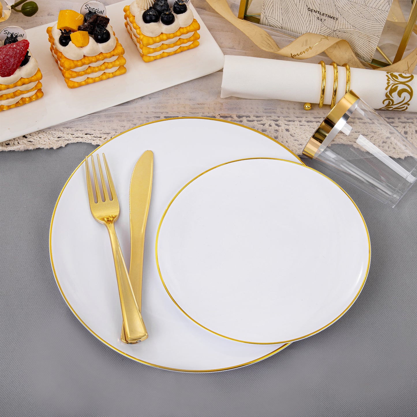 350PCS Gold Plastic Plates,White and Gold Plastic Dinnerware Set,White Plastic Plates with Gold Rim,include 100 Plastic Plates, 150 Gold Plastic Silverware, 50 Cups, 50 Napkins for Wedding
