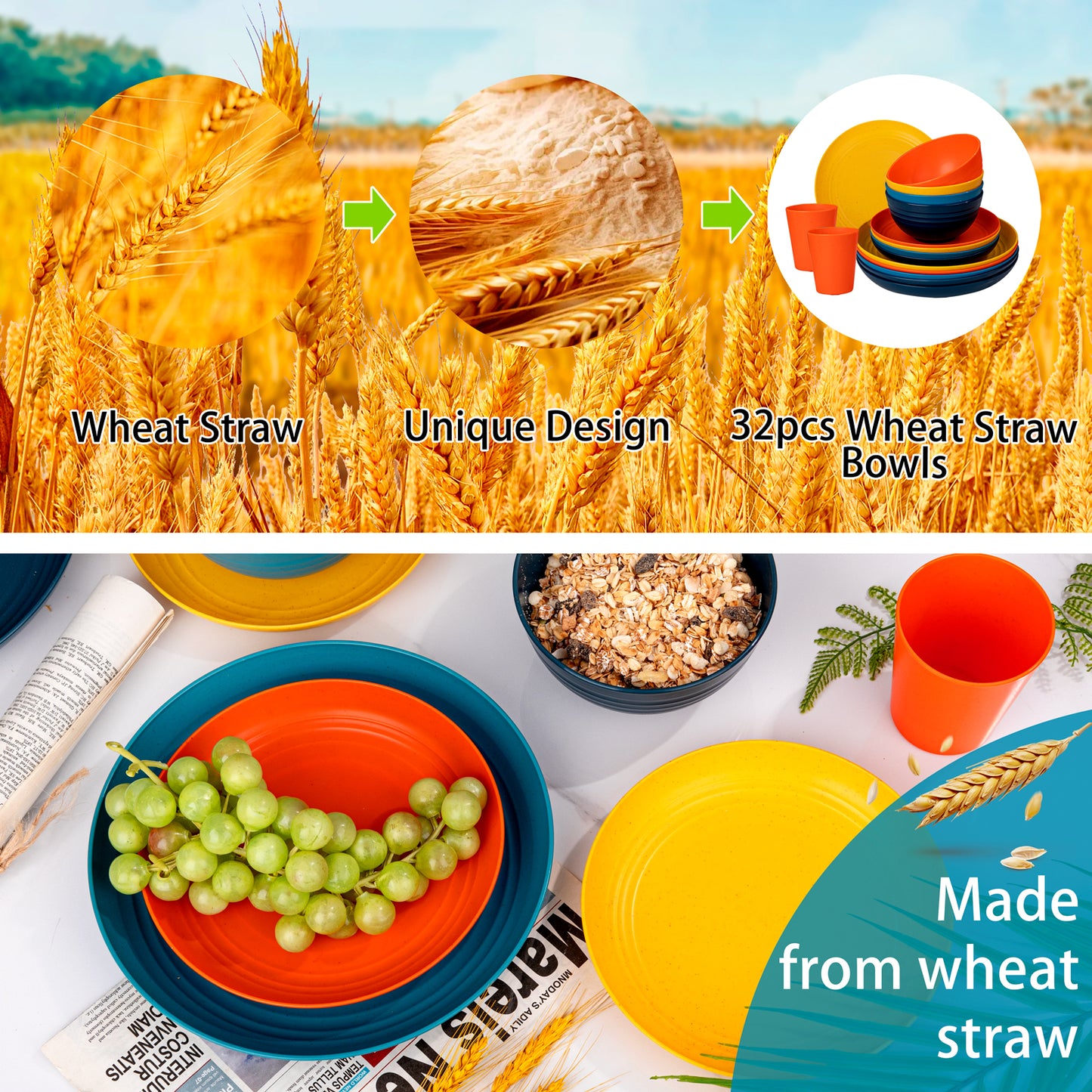 32pcs Wheat Straw Dinnerware Sets,Plastic Plates and Bowls Sets for 8,Unbreakable Plates and Bowls Sets Dishwasher Safe Microwave Safe Fun Colors Perfect for Cooking Family Camping Picnics