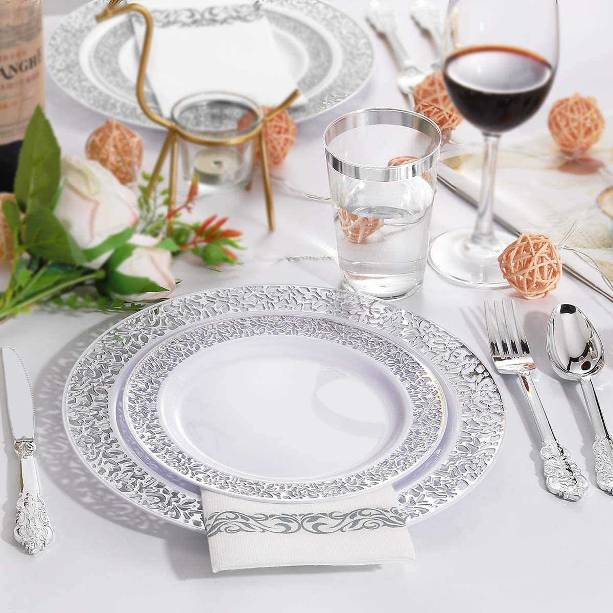 100pcs Plastic Silver Plates, 10.25" Big Party Dinner Plates, White Plastic Plates with Silver Rim，Silver Plastic Plates for Party or Wedding, Silver Lace Plates