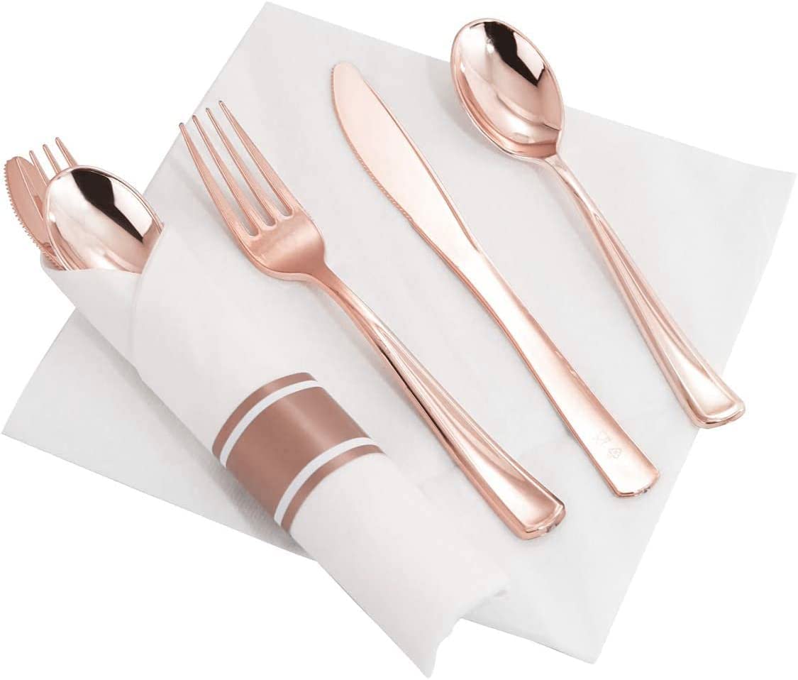 Set of 60 packs Rose Gold Silverware, Pre Rolled Silverware with Rose Gold, Wrapped Plastic Silverware,Rose Gold Cutlery,Heavy Weight Cutlery with Linen Napkin Suit for Wedding, Party