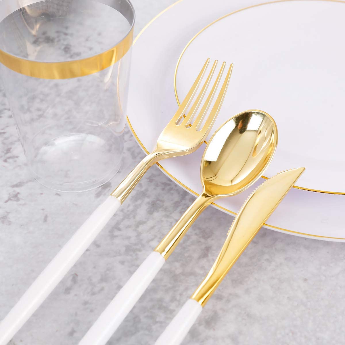 350pcs Gold Plastic Dinnerware Set,Gold Plastic Silverware with White Handle,Disposable White Plastic Plates for Party or Wedding,Clear Cups,Gold Rim Napkins