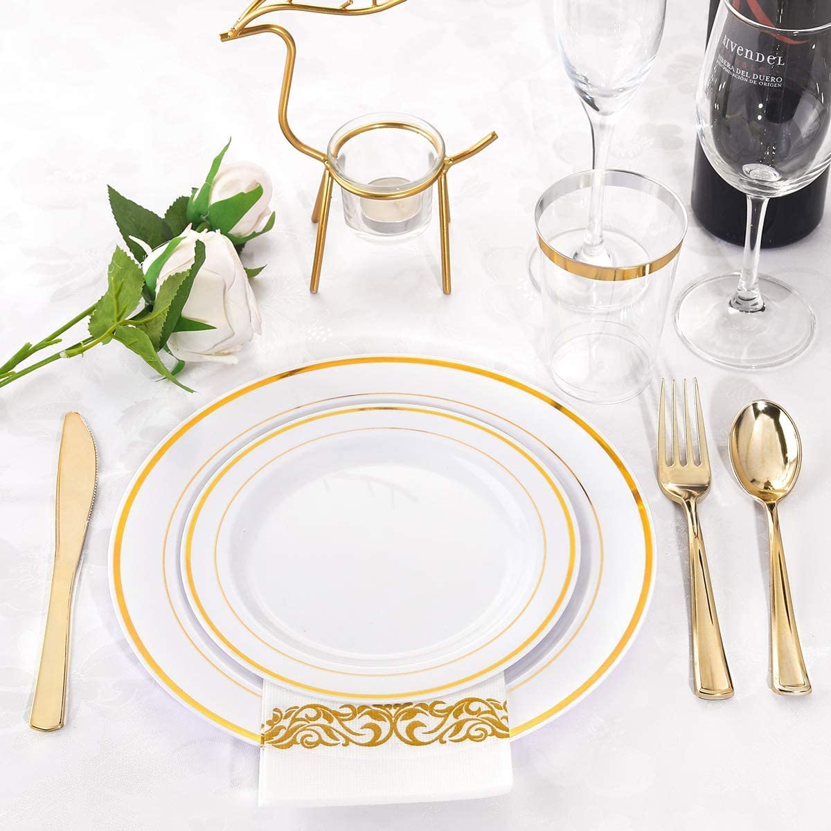 400pcs Gold Plastic Dinnerware Set Disposable Plates For Party Wedding Heavy Duty Gold Plastic Plates Gold Plastic Silverware,Gold Napkins,Suit for Thanksgiving Christmas