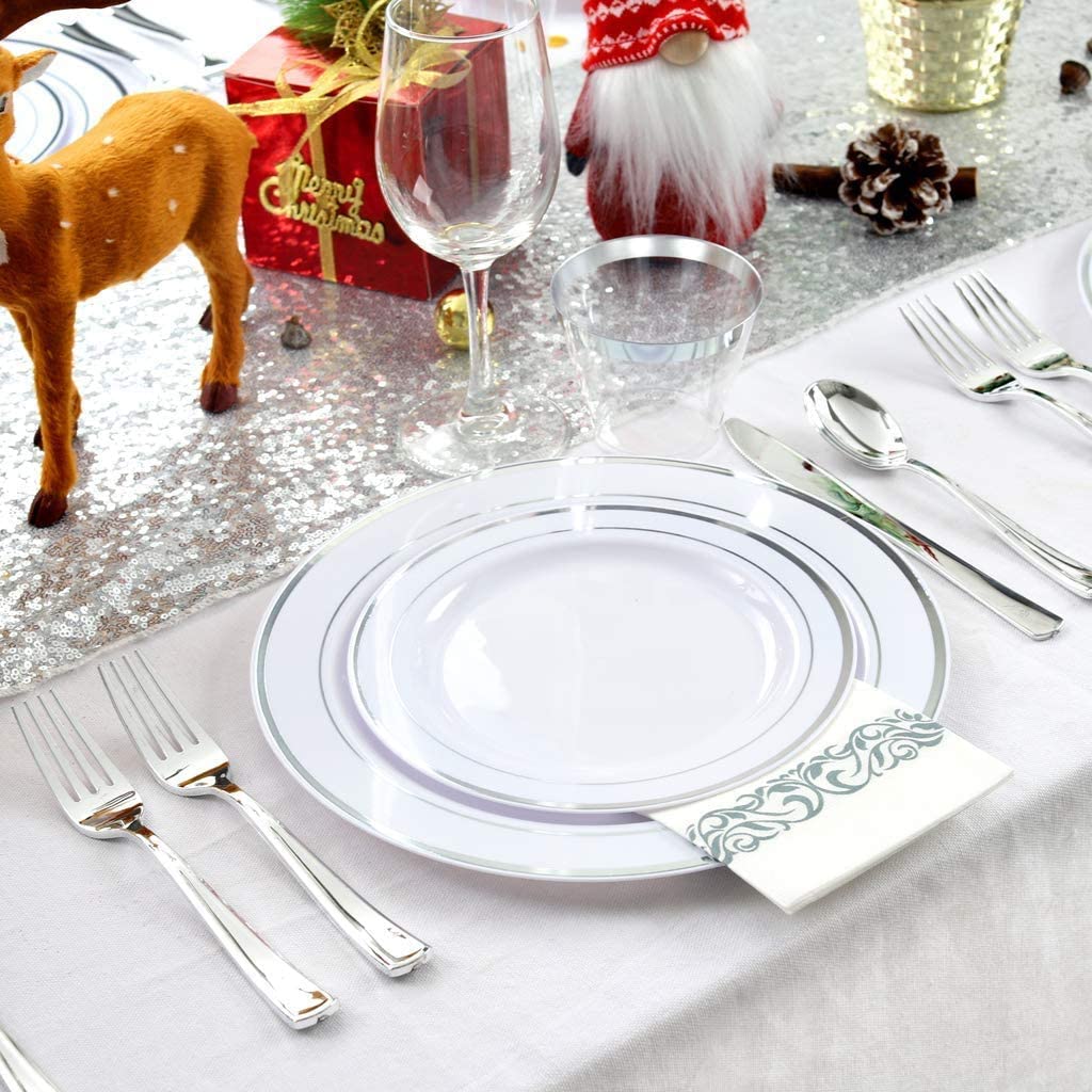 400pcs Silver Plastic Dinnerware Set,Silver and White Plastic Plates, Silver Plates Disposable for Party Wedding Plates,Silver Plastic Cutlery,Silver Cups Suit for Holiday Party Birthday
