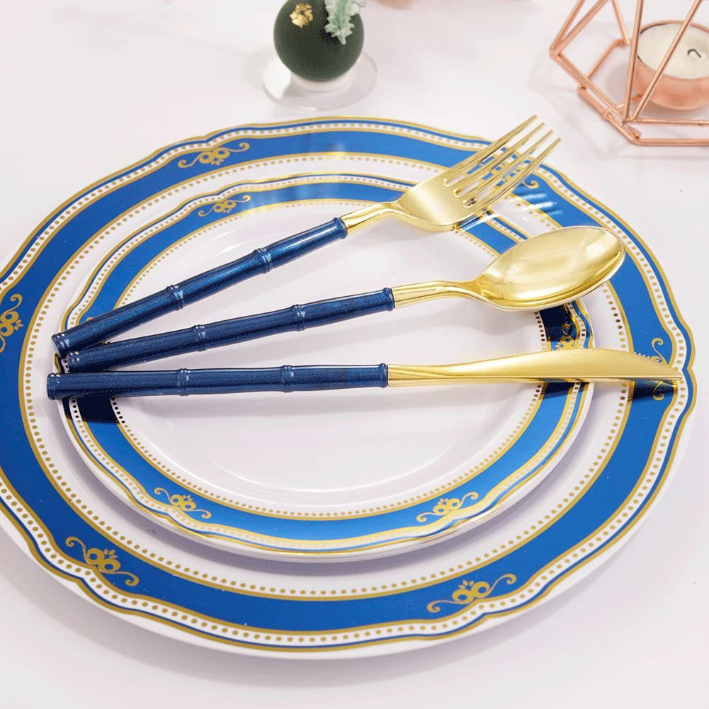 180 Pieces Gold Plastic Silverware,Gold Plastic Cutlery with Blue Glitter Bamboo Handle,Elegant Plastic durable Cutlery,60 Gold Knives,60 Gold Forks,60 Gold Spoons