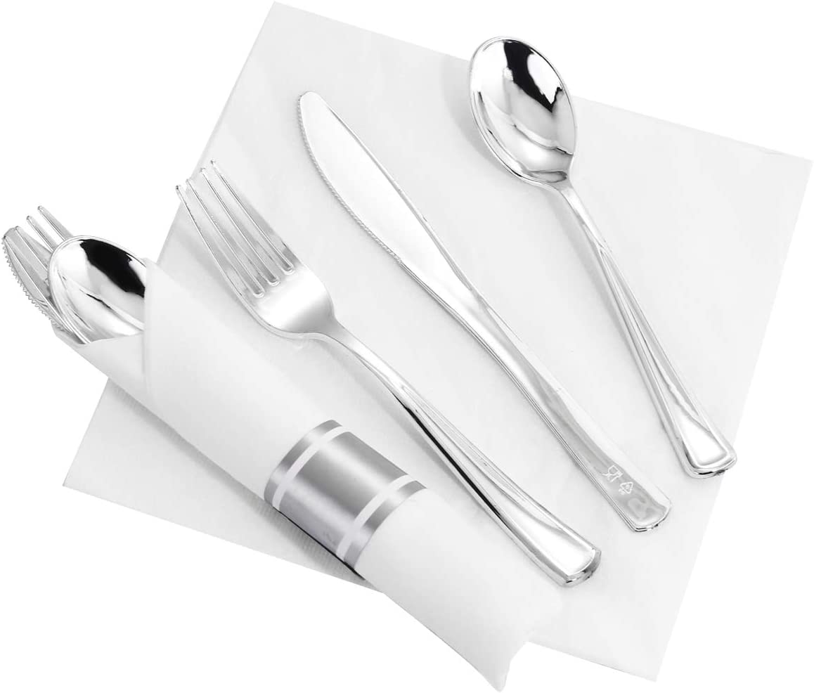 60 Pack Silver Plastic Silverware,Pre Rolled Silverware,Premium Disposable Silver Cutlery,Suit for Wedding,Catering Event,Birthday,Party