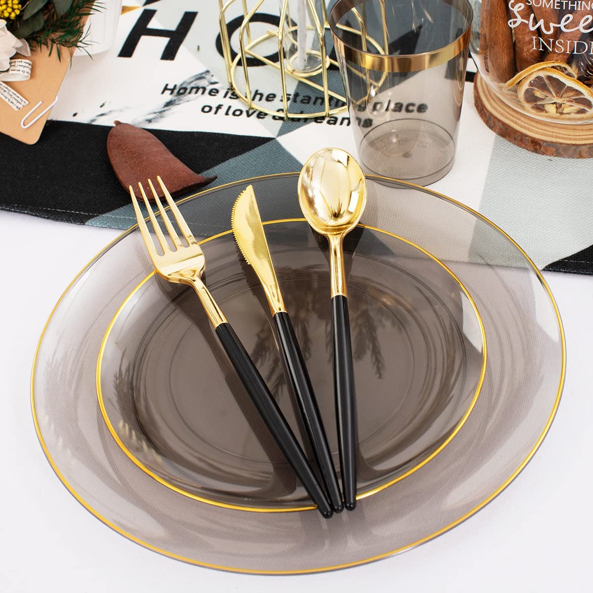 180pcs Black Plastic Dinnerware Set,Black Plastic Plates,Clear Plastic Plates with Gold Rim,Gold Plastic Silverware,Black Clear Gold Cups for Halloween