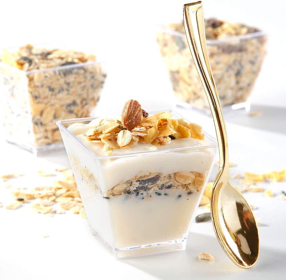 2oz Square Plastic Mini Dessert Cups with Gold Spoons,Parfait Appetizer Cup,100pcs Cups,100pcs Gold Spoons,Perfect for Birthday,Party,Wedding