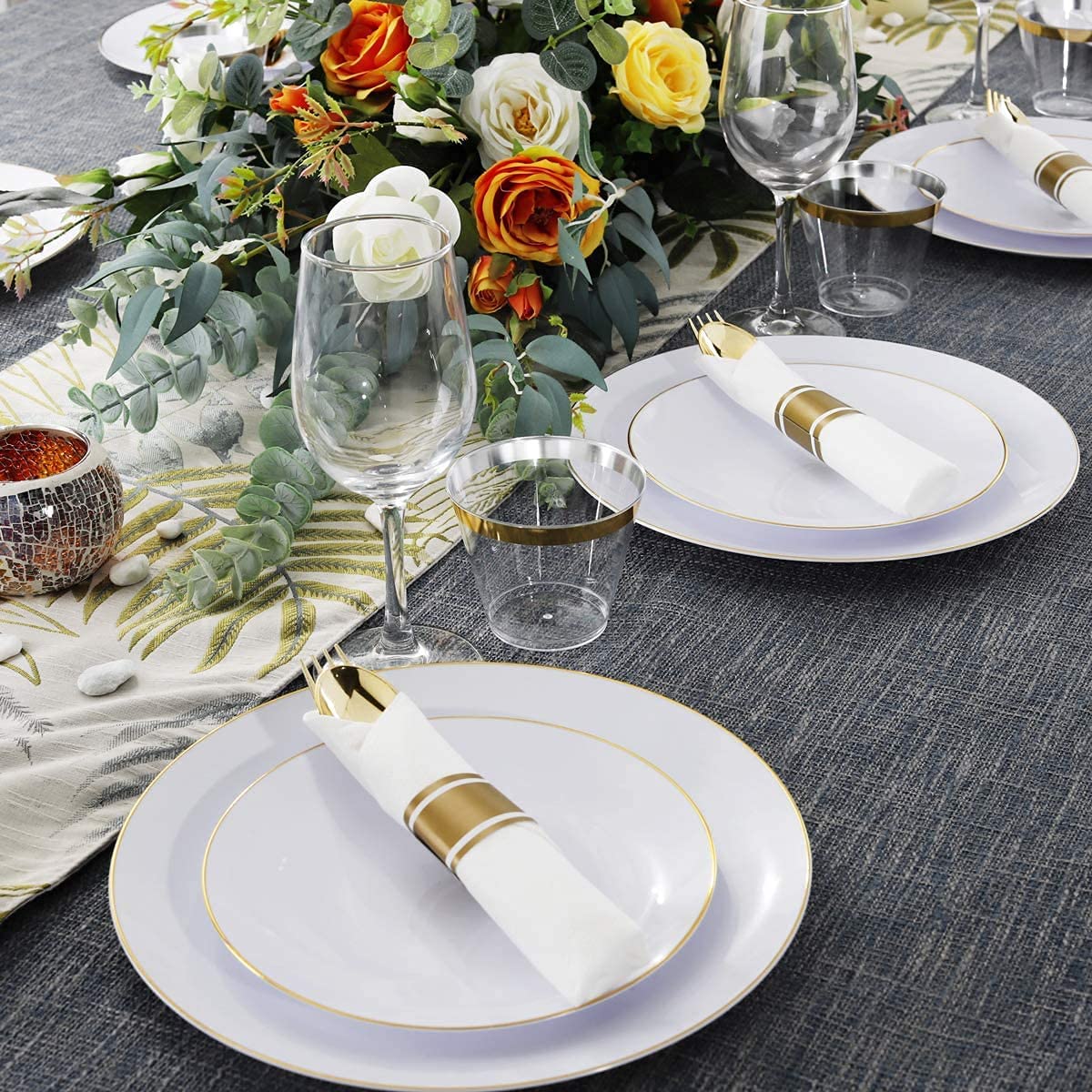 Set of 30pack, Pre Rolled Napkin with Gold Plastic Silverware, Disposable Gold Silverware with Linen Napkin, Heavy Weight, Wrapped Plastic Silverware Suit for Wedding, Catering Event, Party