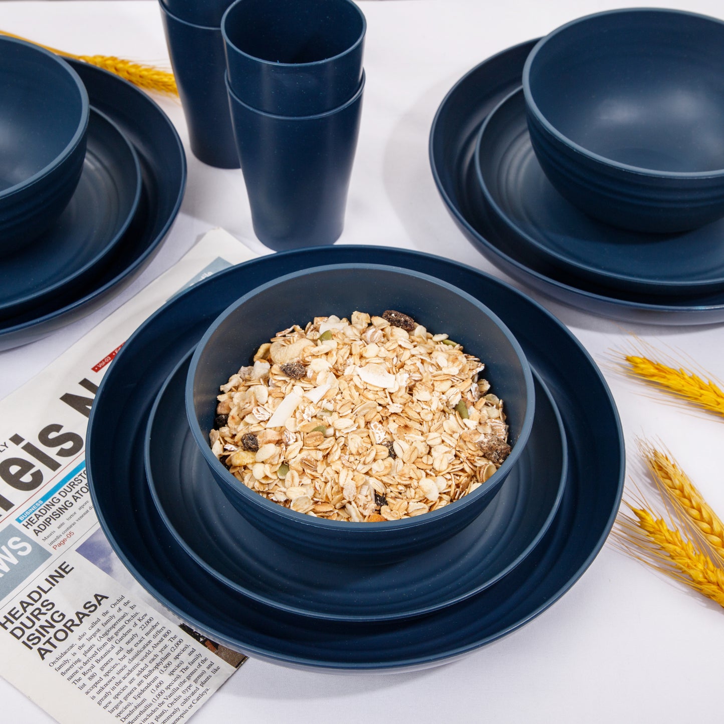 Wheat Straw Dinnerware Sets, Dinnerware Sets for 8, Plates and Bowls Sets, Reusable Dinnerware Set, Microwave Dishwasher Safe, Blue Plastic Dinnerware Sets 16pcs Plates, 8pcs Bowls, 8pcs Cups