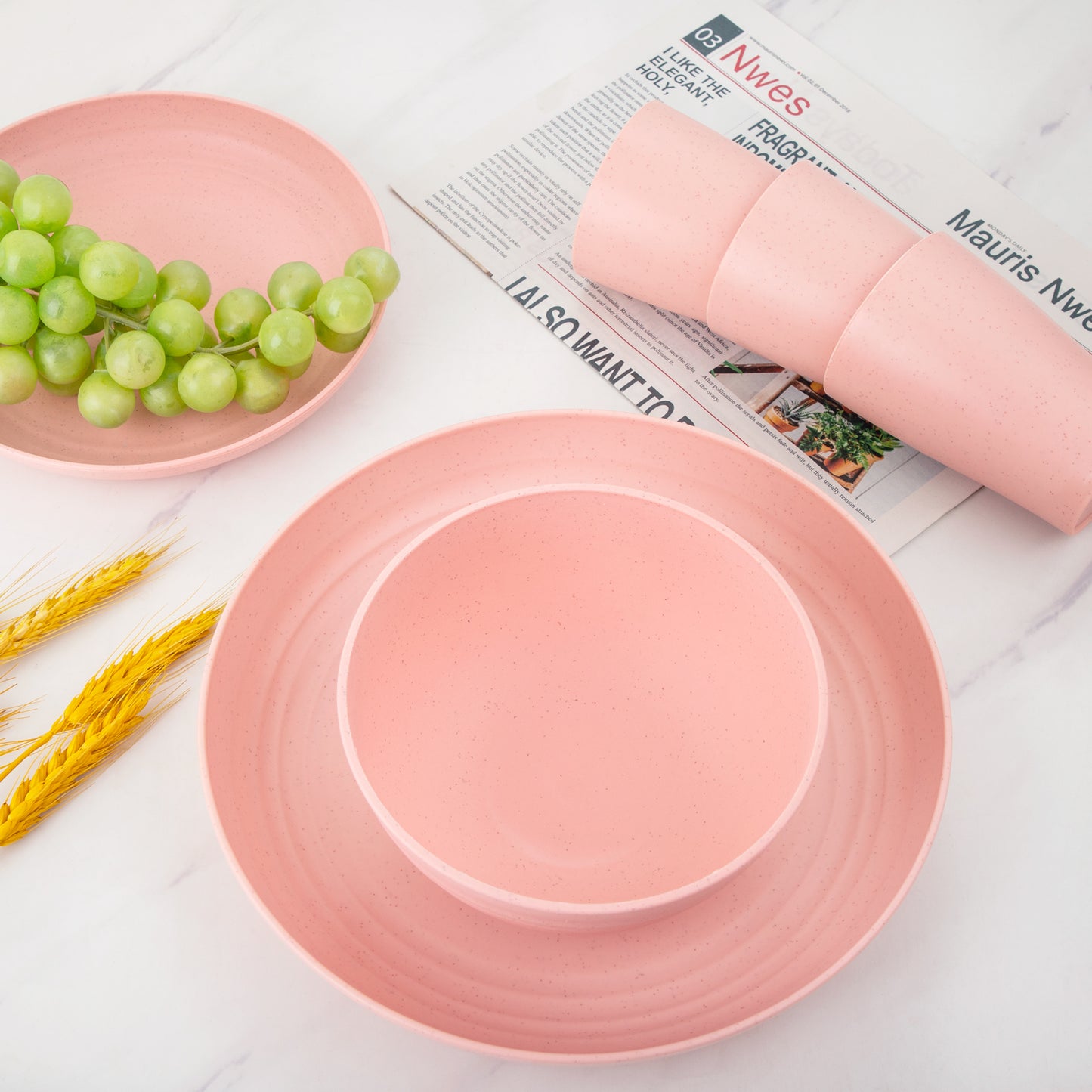 Pink Wheat Straw Dinnerware Sets, Pink Dishes for 8, Plates and Bowls Sets, Reusable Plastic Plates, Microwave Dishwasher Safe Plates, Pink Plastic Dinnerware Set, Pink Plastic Plates