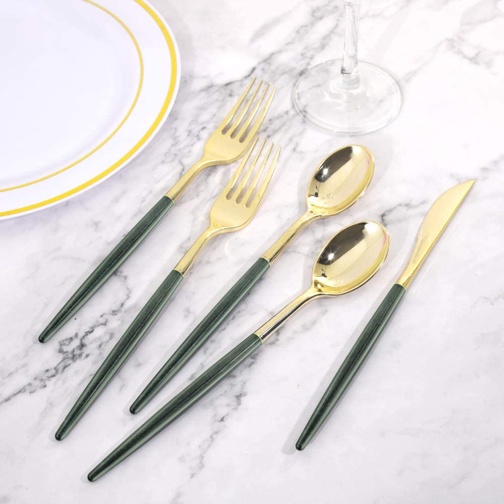 180pcs Gold Plastic Silverware,Green Plastic Cutlery,Gold Cutlery Plastic with Green Glitter Handle,Include 45 Knives,45 Dinner Forks,45 Dessert Forks,45 Spoons,Suit for Party,Birthday