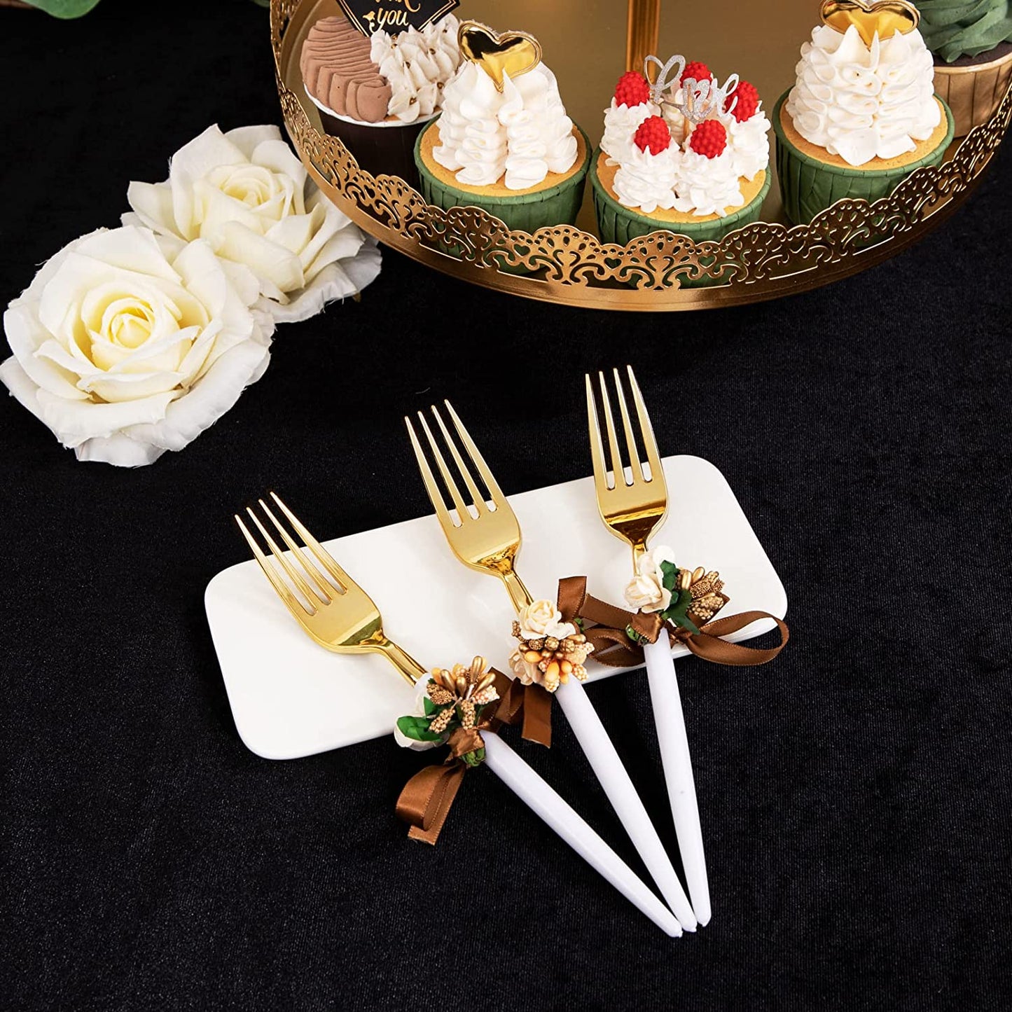 96pcs Dessert Plates Set Include 48pcs Gold Plastic Dessert Plates,48pcs Gold Dessert Forks,Disposable Clear Appetizer Plates 7.5", Perfect for Parties or Weddings