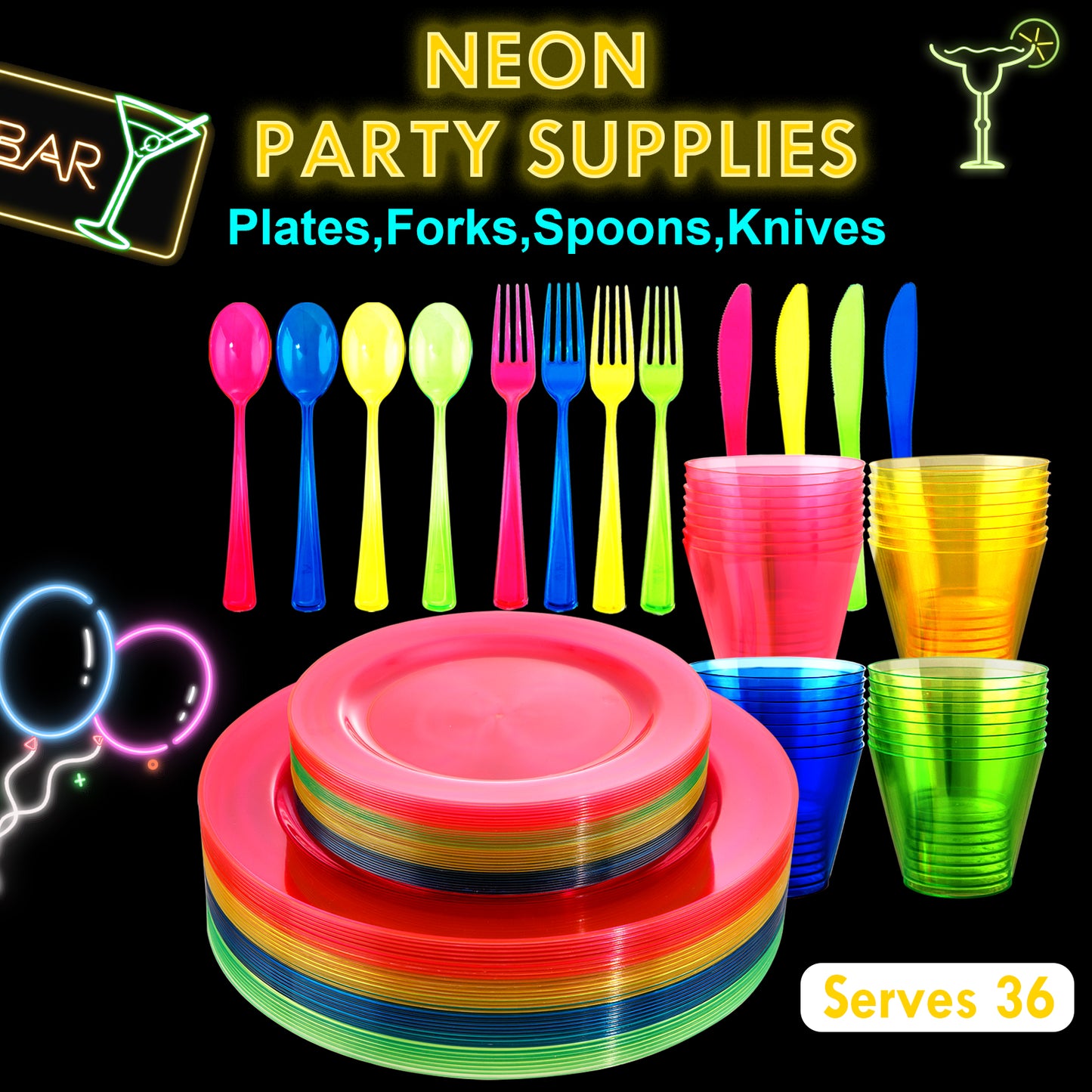 216pcs Neon Party Supplies Plates,Includes Hard Plastic Dispoable Neon Party Plates,Cups,Cutlery Forks Knives Spoons in Neon Pink,Blue,Green,Yellow, Pefect for Birthdays,Halloween Party Visit the supernal Store 4.6 4.6 out of 5 stars    169 ratings
