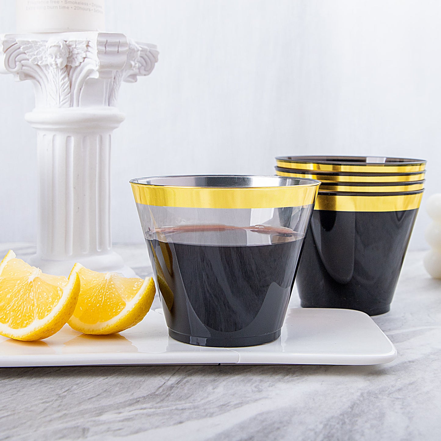 100pcs Gold and Black Plastic Cups 9OZ Elegant Gold Rimmed Plastic Cups Clear Party Cups Fancy Disposable Wedding Cups for Family Gatherings, Afternoon Tea, Parties
