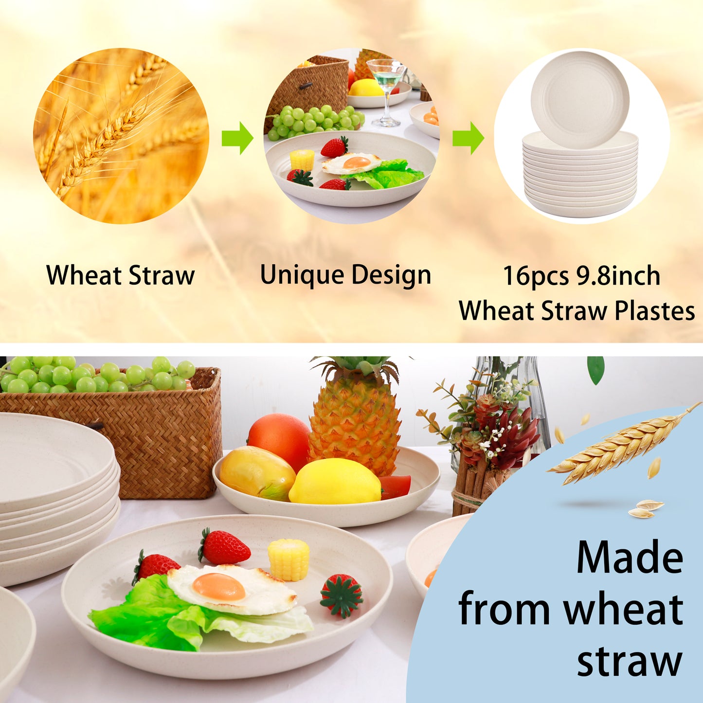 16pcs Wheat Straw Plates,Unbreakable Dinner Plates Set,Microwave Dishwasher Safe,Lightweight Wheat Straw Plates,Party Plates Set,Beige Reusable Plates for Picnic,Birthday,Camping