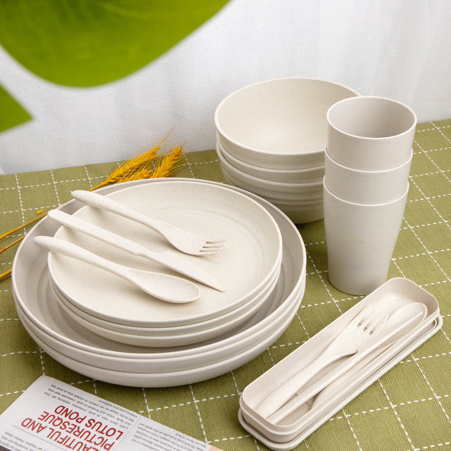 28pcs Wheat Straw Dinnerware Set for 4,Wheat Straw Plates and Bowls Set,Light Weight Dinnerware Reusable Dishwasher Microwave Safe,Deep Plastic Plates,Cereal Bowls,Cups and Utensils Sets