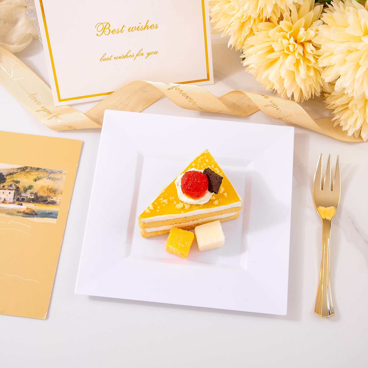 200Pcs White Dessert Plates 6" with Gold Plastic Forks 5.7",White Plastic Square Plates for 100 Guests,Fancy Gold Plates, Including 100 6" Plastic Plates and 100 5.7" Plastic Forks