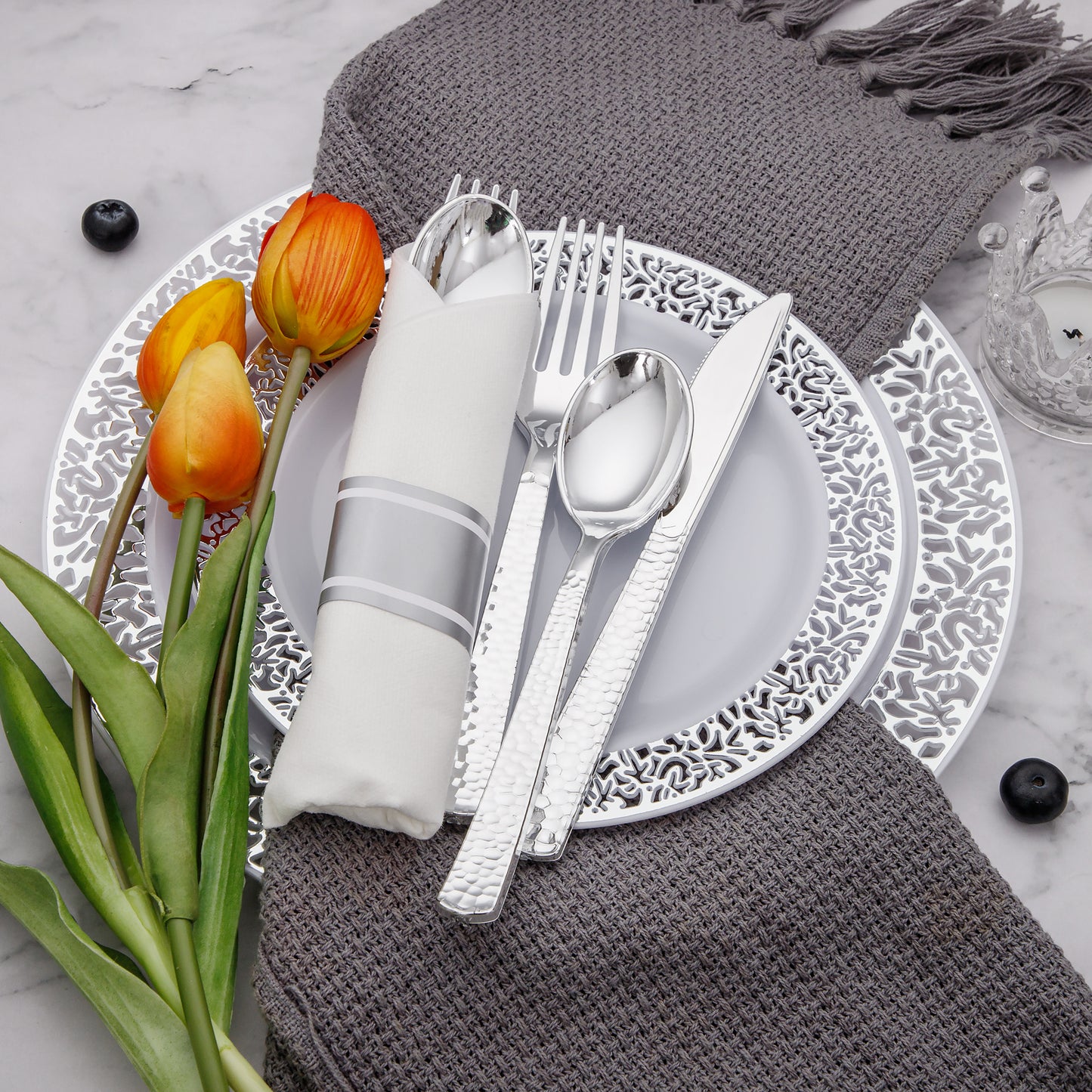 60 Pack Pre-Rolled Napkins with Silver Plastic Utensils,Heavy Duty Wrapped Cutlery,Silver Plastic Silverware, Forks and Spoons,Premium Disposable Plastic Silverware Sets for Any Occasion.