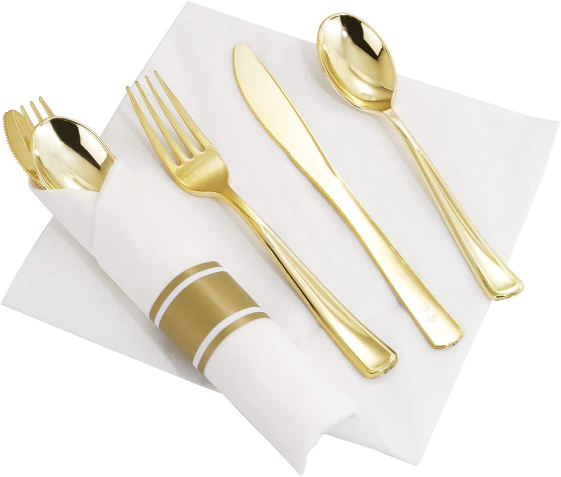 60 Pack Pre Rolled Napkins with Gold Plastic Silverware, Premium Disposable Gold Wrapped Cutlery Set Includes: 60 Forks 60 Knives 60 Spoons 60 Napkin for Party