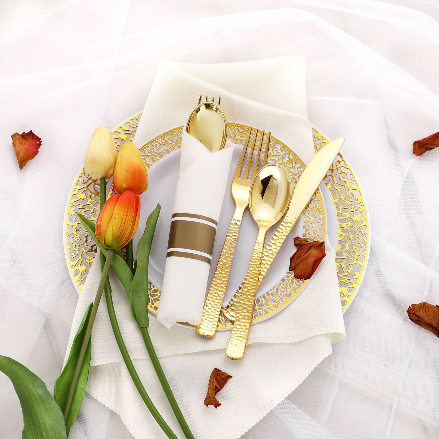60 Pack Gold Plastic Silverware,Pre Rolled Silverware Set Disposable,Plastic Silverware Set for Parties,Plastic Utensils Heavy Duty include Linen Napkins,For Party and Weddings