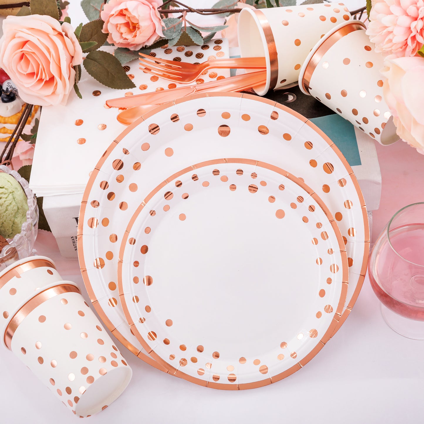 350pcs Rose Gold Plates and Napkins Party Supplies,Happy Birthday Plates and Napkins,Rose Gold Paper Plates,Napkins,Cups,Rose Gold Plastic Forks,Knives,Spoons for Womens Birthday Decorations