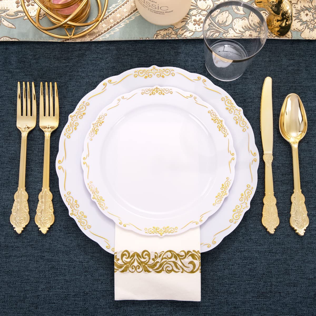 800pcs Gold Dinnerware Set,100pcs 10.25" Gold Rim Dinner Plates,100pcs 7.5" Gold Dessert Plates,400 Gold Plastic Silverware,100 Gold Cups,100 Gold Napkins,100 Guest Dinnerware