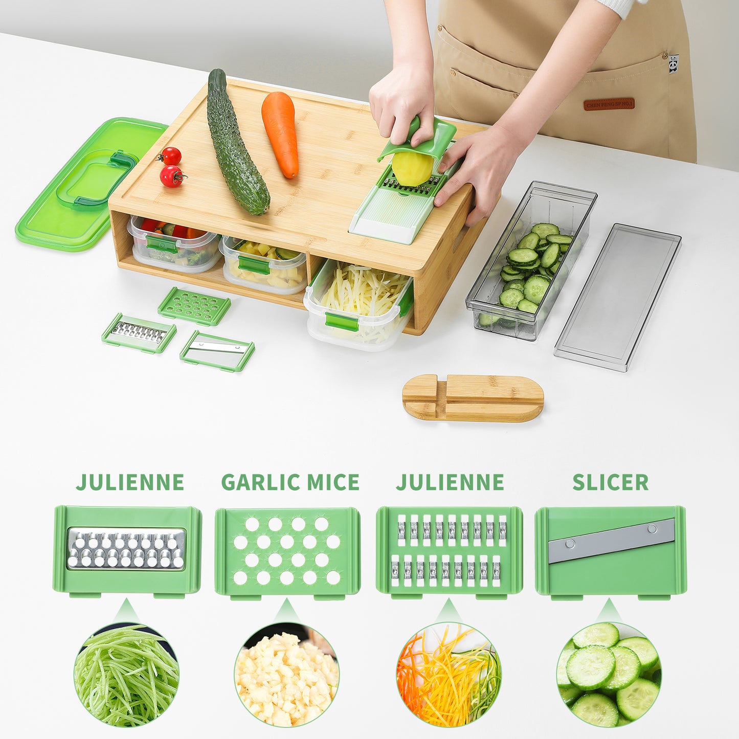 Cutting Board with Containers,Bamboo Cutting Board Set with Stackable,Smart Cutting Board,Large Chopping Boards Set,Storage Box with Lid,Graters, Easy To Clean Kitchen Prep Station