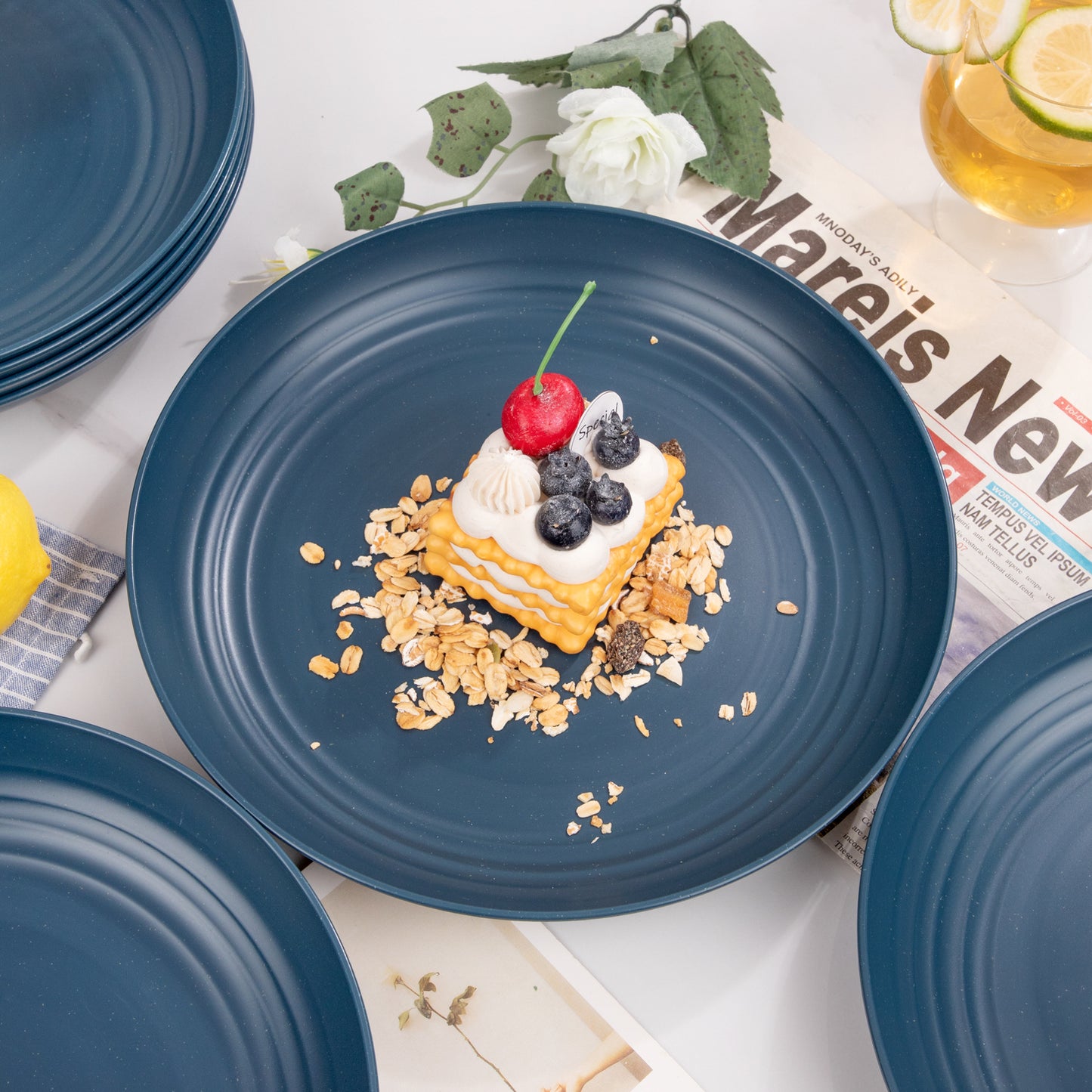 16pcs Dark Blue Wheat Straw Plates,Deep Dinner Plates Set,Premium Reusable Plastic Plates,Unbreakable Party Plates,Dishwasher & Microwave Safe for Camping, Picnic