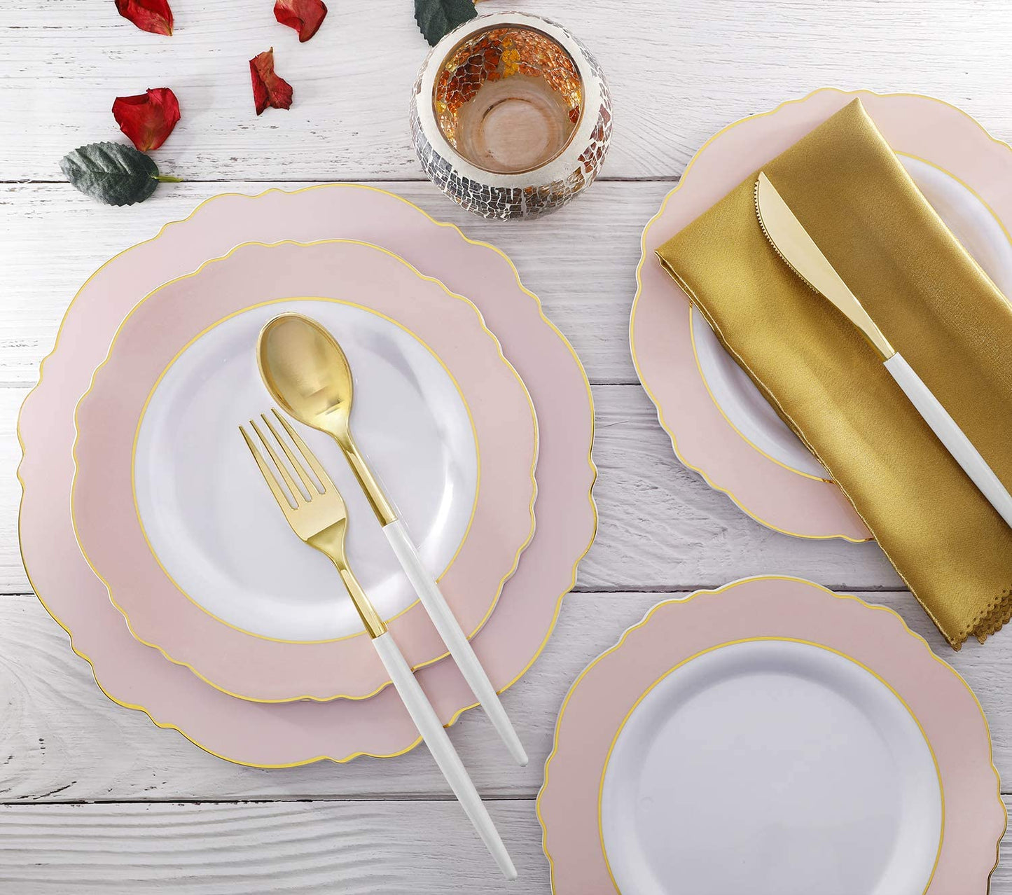 102pcs Gold Plastic Cutlery, Durable Plastic silverware,Disposable Cutlerty with White Handle,Include 34 Forks,34 Knvies,34 Spoons, Suit for Wedding,Birthday,Party
