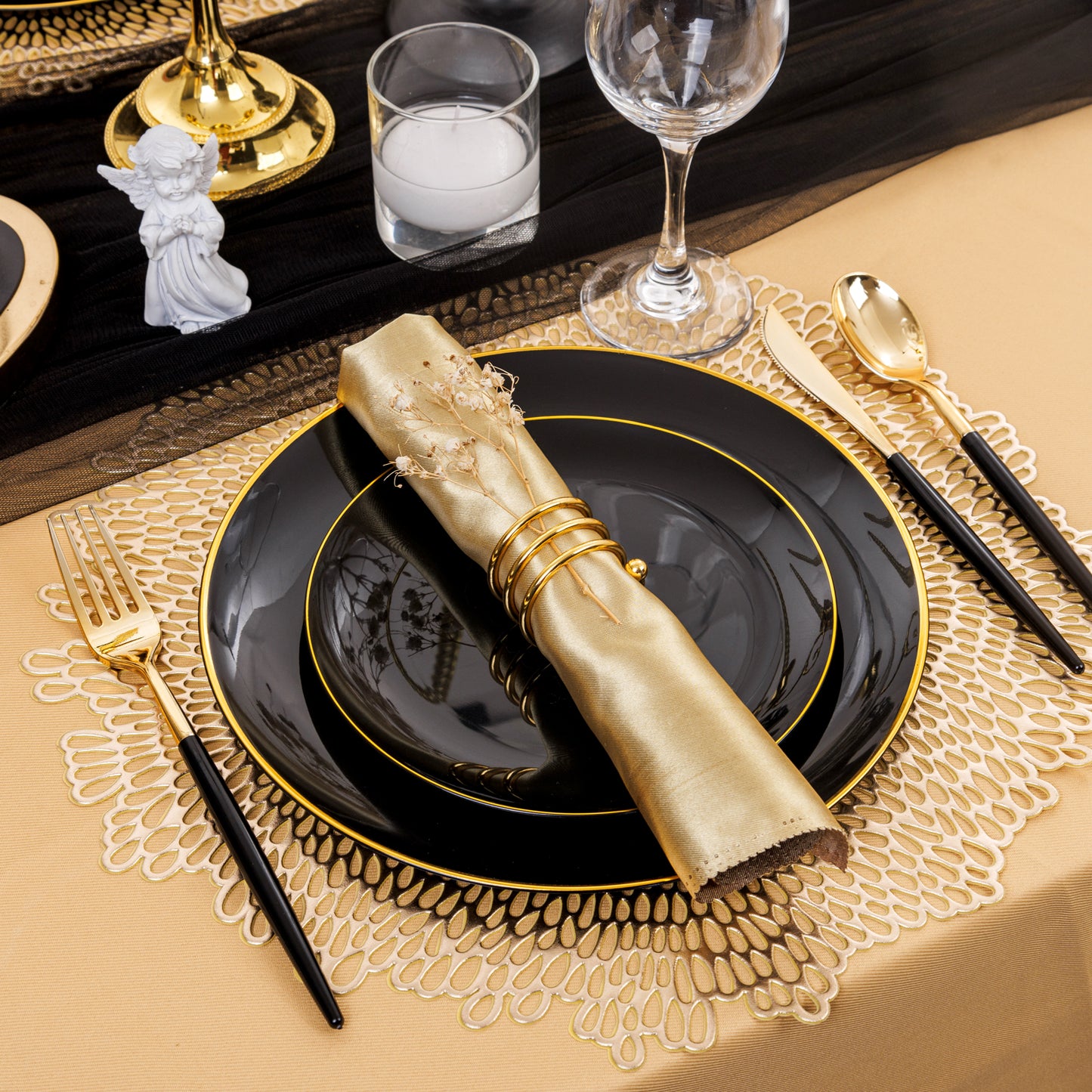 150pcs Black Plastic Plates, Black and Gold Plastic Plates,Gold Plastic Silverware,Black and Gold Dinnerware Set,Premiun Plastic Taleware,Perfect for Birthday,Party,Wedding,Anniversary
