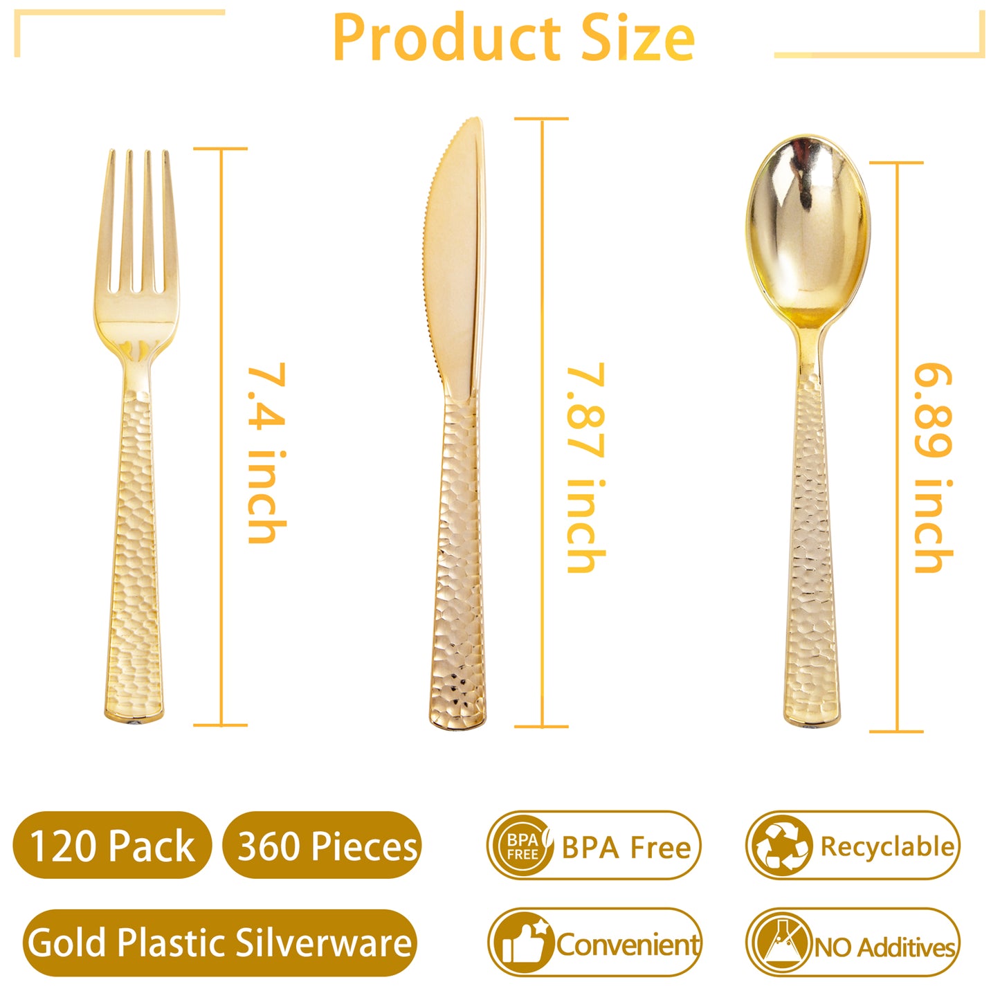 360pcs Plastic Gold Silverware,Cutlery,Disposable Utensils,120 Gold Knives,120 Gold Forks,120 Gold Spoons,Perfect for Birthday,Party,Wedding